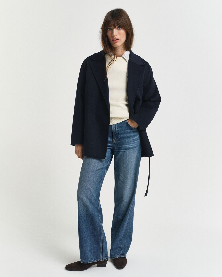 chaqueta con cinturón cosida a mano - azul noche