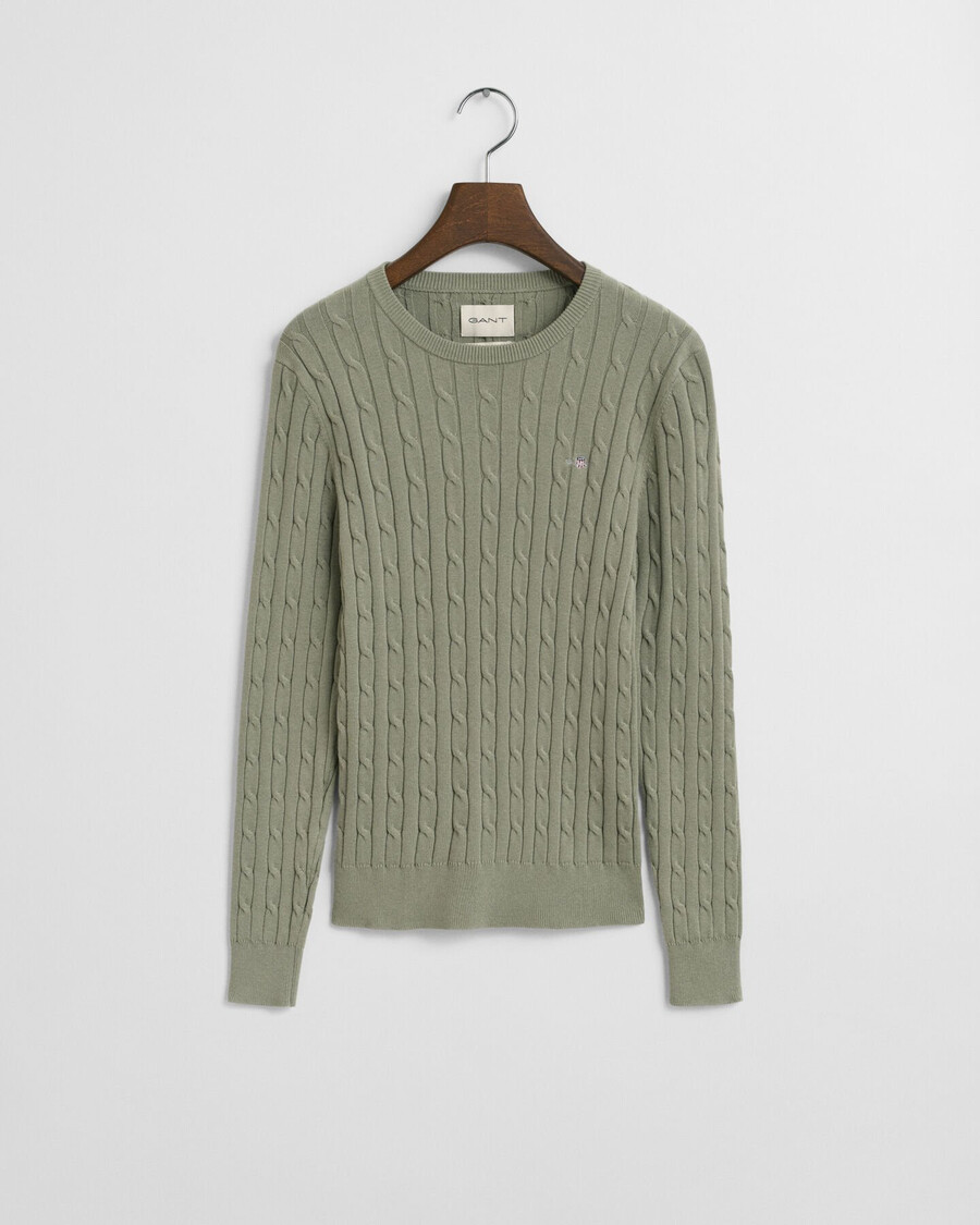 suéter de cuello redondo de punto trenzado de algodón elástico - faded sage
