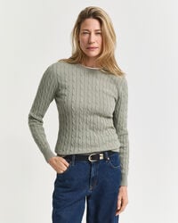 suéter de cuello redondo de punto trenzado de algodón elástico - faded sage