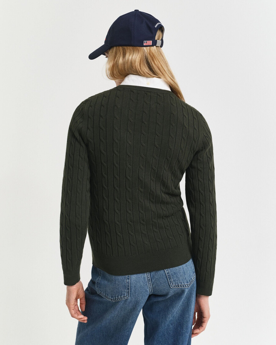 suéter de cuello redondo de punto trenzado de algodón elástico - verde musgo oscuro