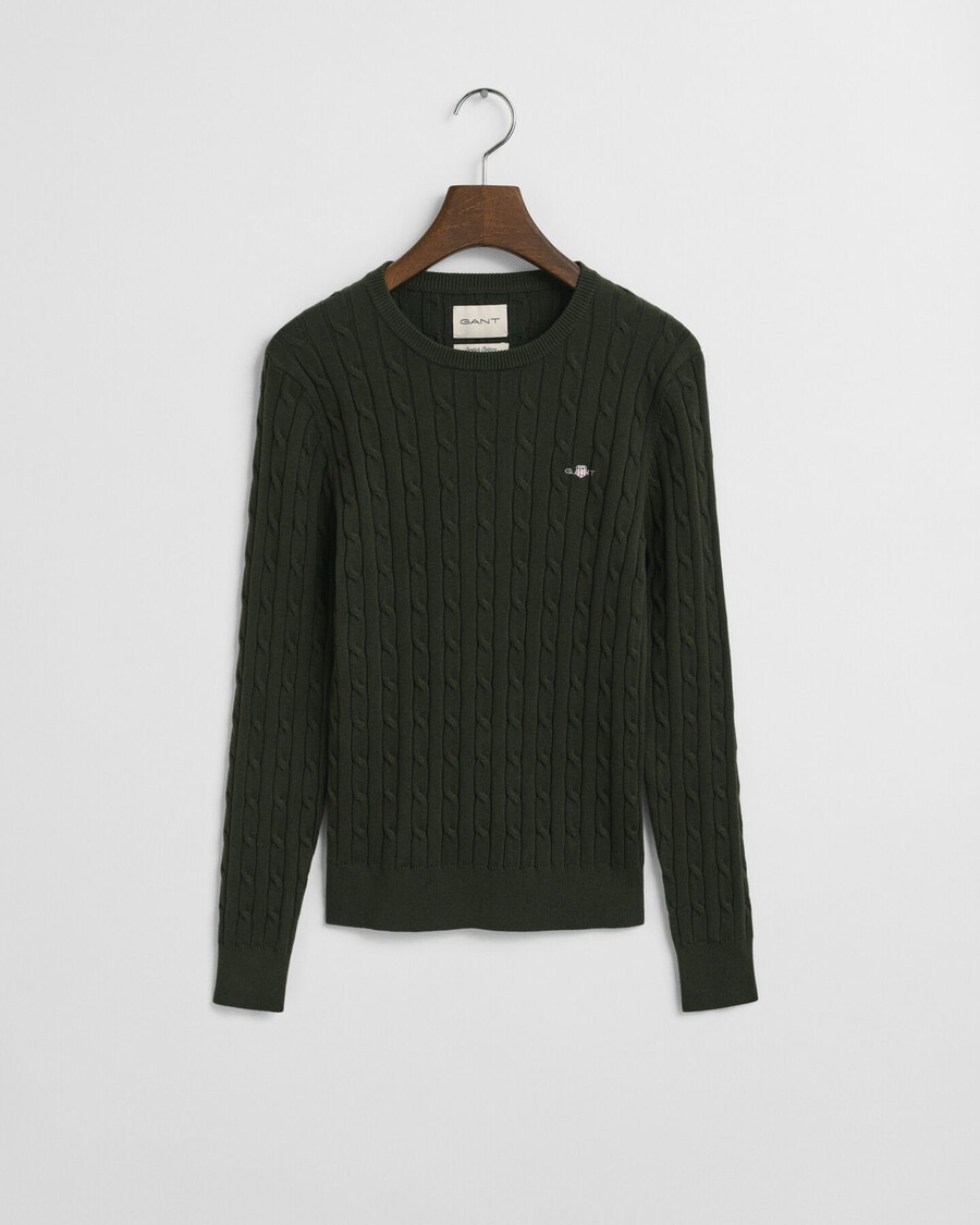suéter de cuello redondo de punto trenzado de algodón elástico - verde musgo oscuro