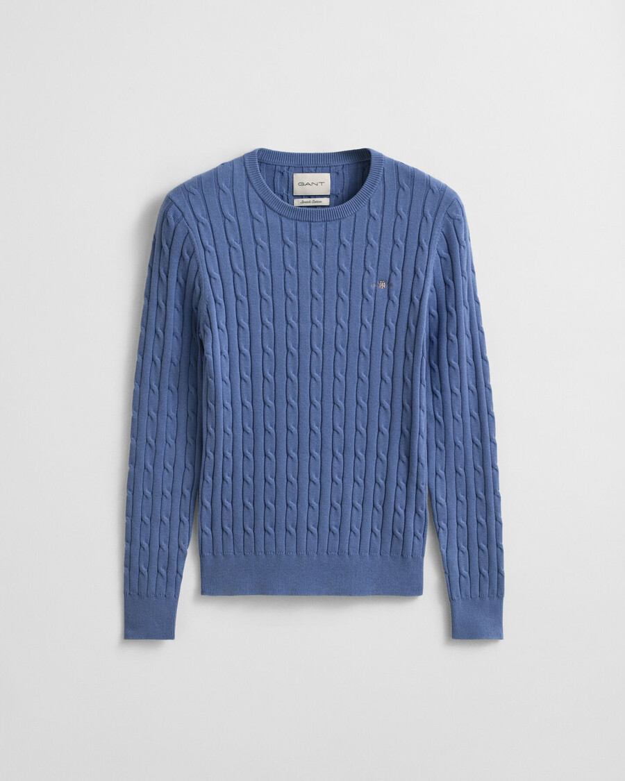 suéter de cuello redondo de punto trenzado de algodón elástico - denim descolorido