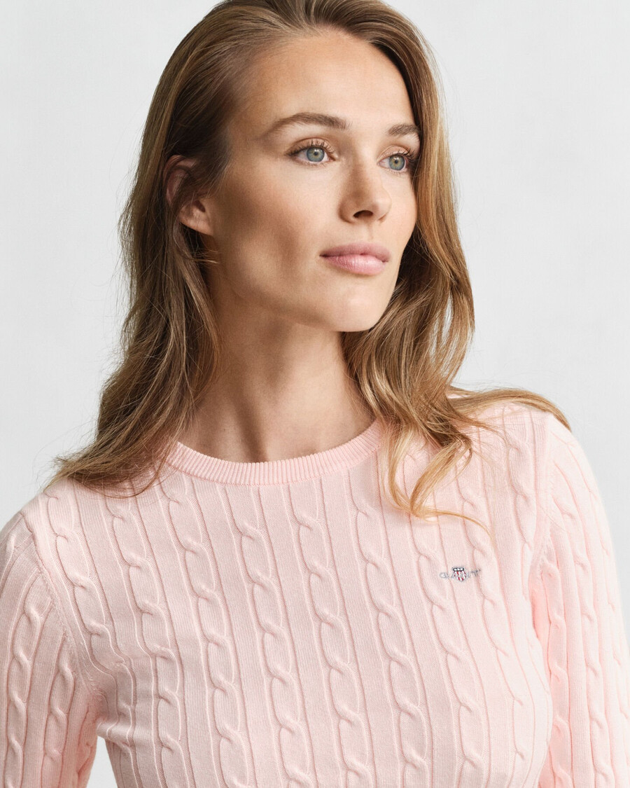 suéter de cuello redondo de punto trenzado de algodón elástico - rosa albaricoque