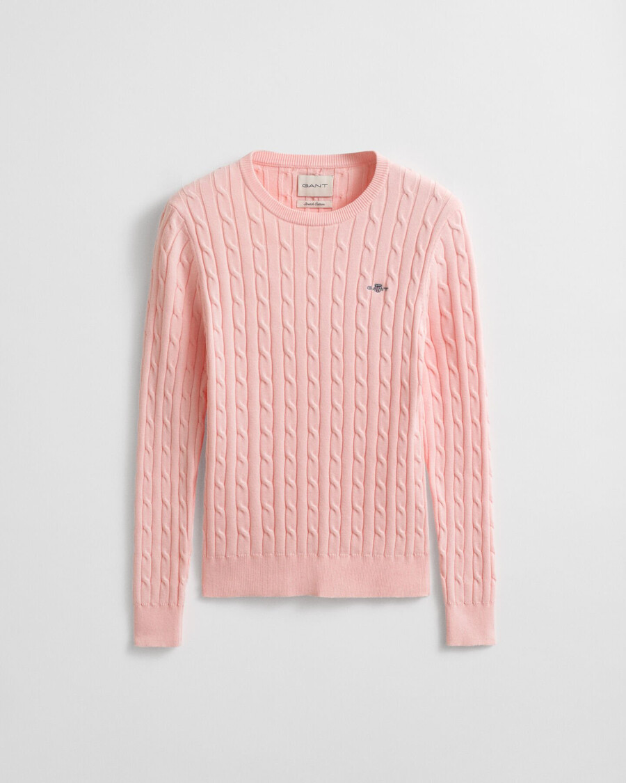 suéter de cuello redondo de punto trenzado de algodón elástico - rosa albaricoque