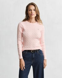 suéter de cuello redondo de punto trenzado de algodón elástico - rosa albaricoque