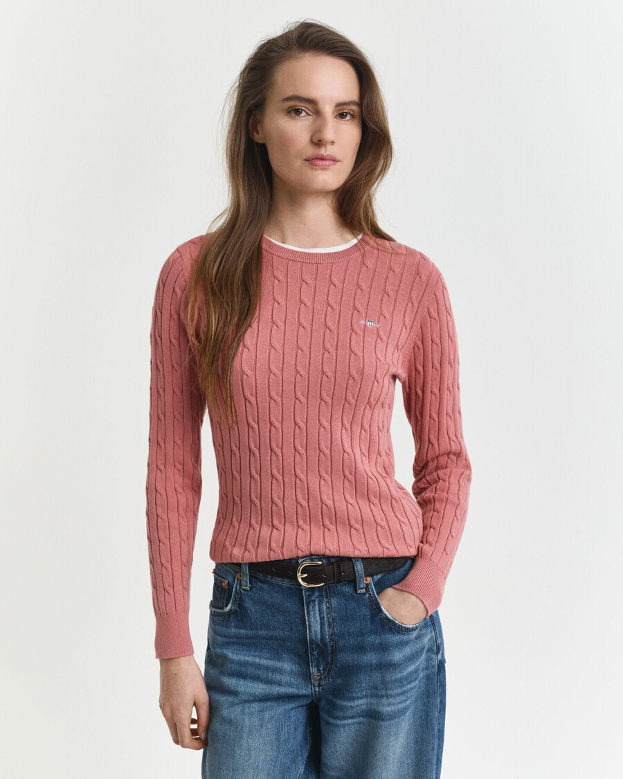 suéter de cuello redondo de punto trenzado de algodón elástico - ladrillo descolorido