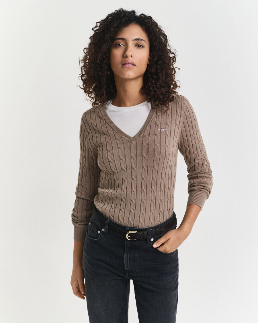 suéter de punto trenzado de algodón elástico con cuello en v - beige topo
