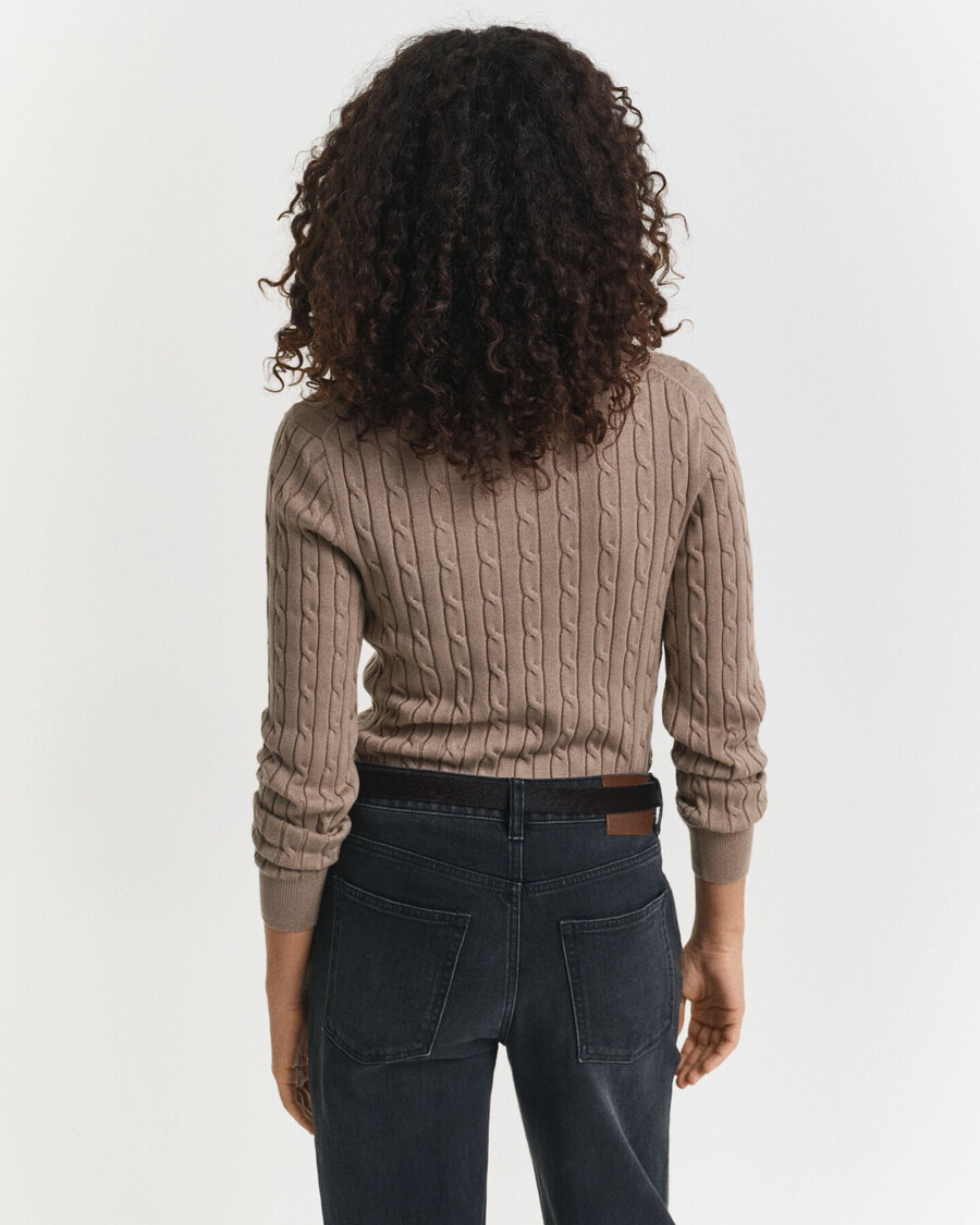 suéter de punto trenzado de algodón elástico con cuello en v - beige topo