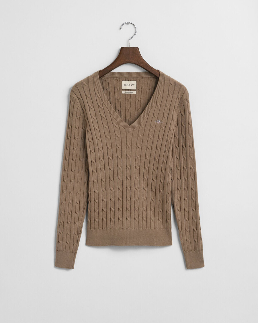 suéter de punto trenzado de algodón elástico con cuello en v - beige topo