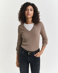 suéter de punto trenzado de algodón elástico con cuello en v - beige topo