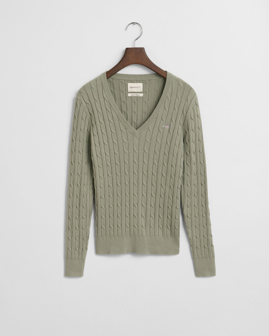 suéter de punto trenzado de algodón elástico con cuello en v - faded sage