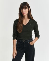 suéter de punto trenzado de algodón elástico con cuello en v - verde musgo oscuro