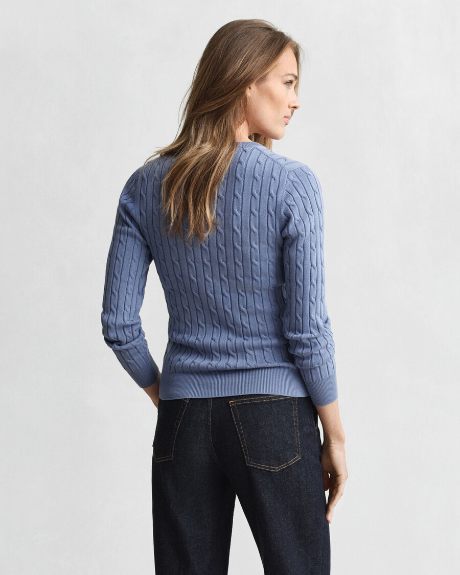 suéter de cuello en v de punto trenzado de algodón elástico - denim descolorido