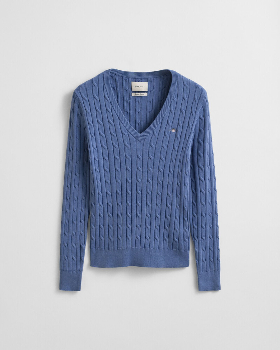 suéter de cuello en v de punto trenzado de algodón elástico - denim descolorido