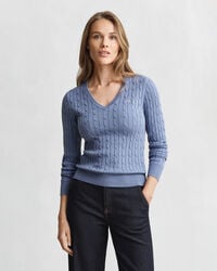 suéter de cuello en v de punto trenzado de algodón elástico - denim descolorido