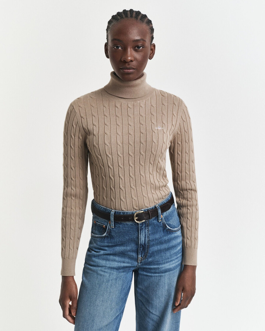 suéter de cuello alto de punto trenzado de algodón elástico - beige topo