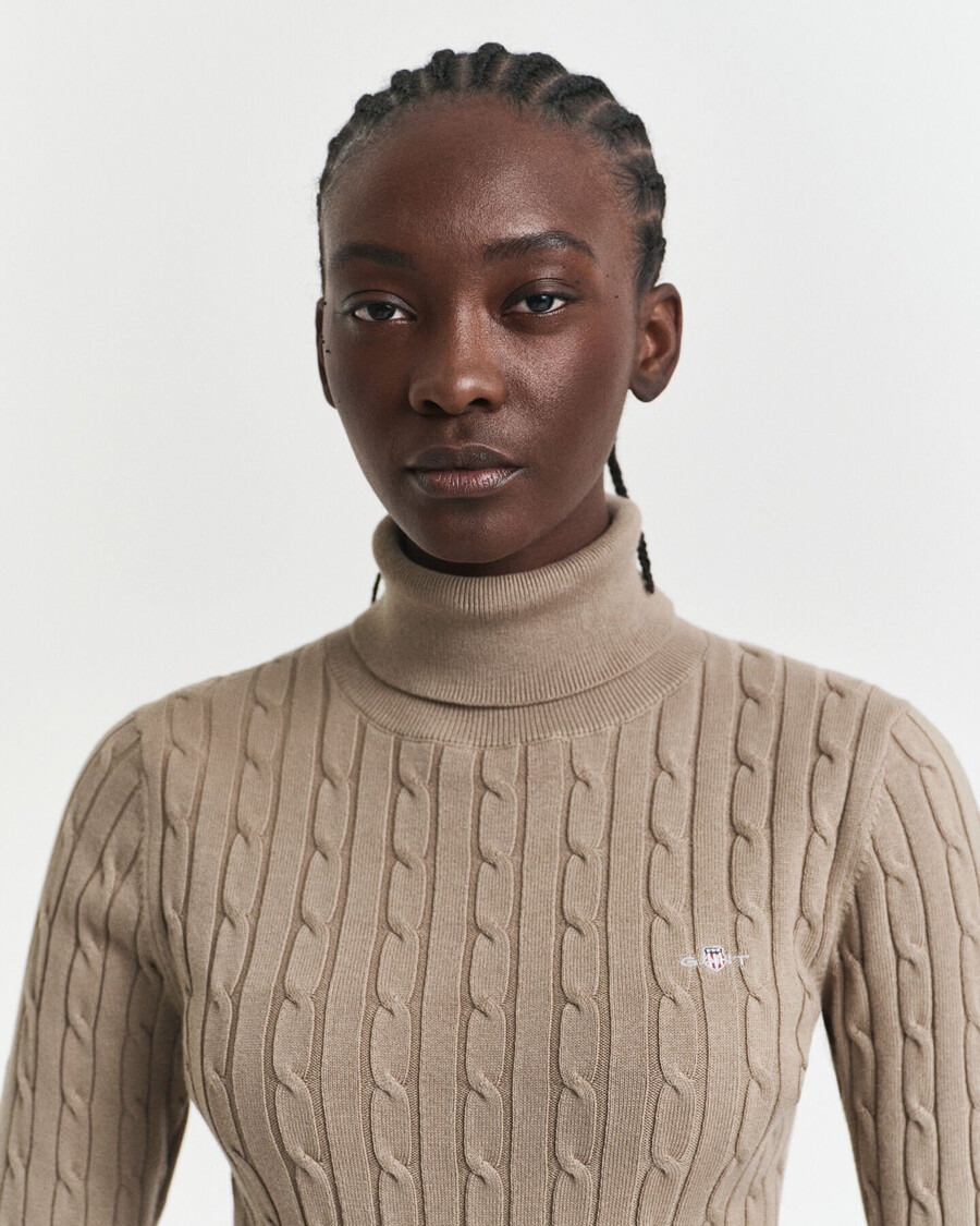 suéter de cuello alto de punto trenzado de algodón elástico - beige topo