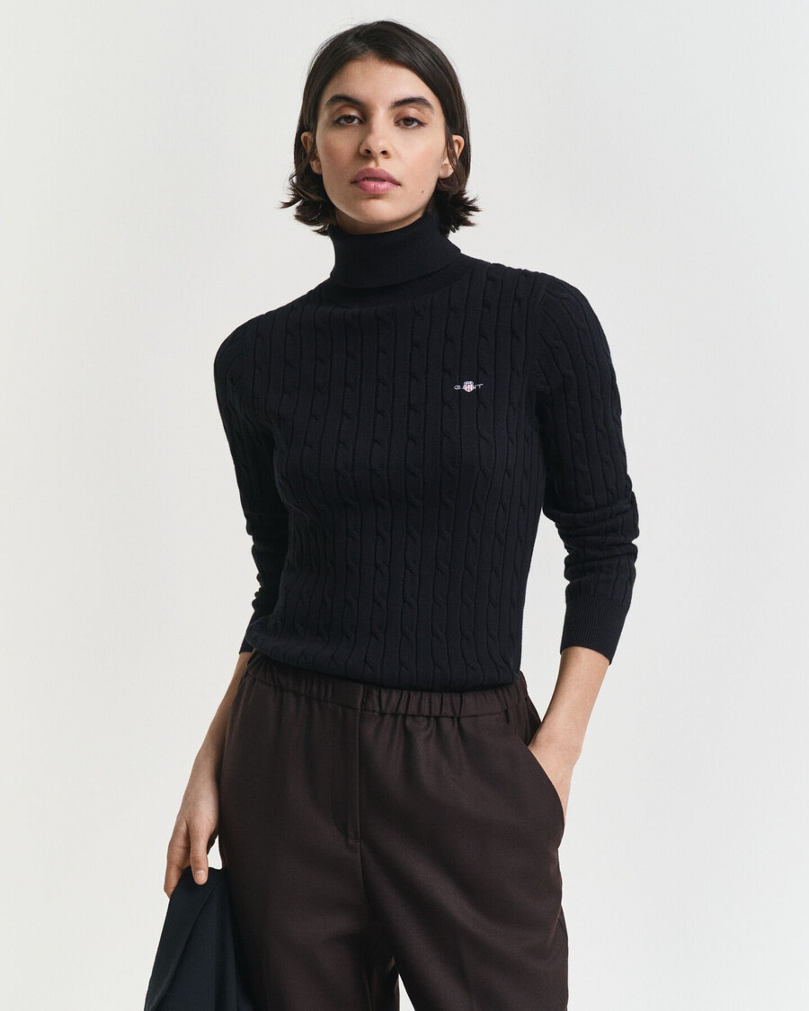 suéter de cuello alto de punto trenzado de algodón elástico - negro