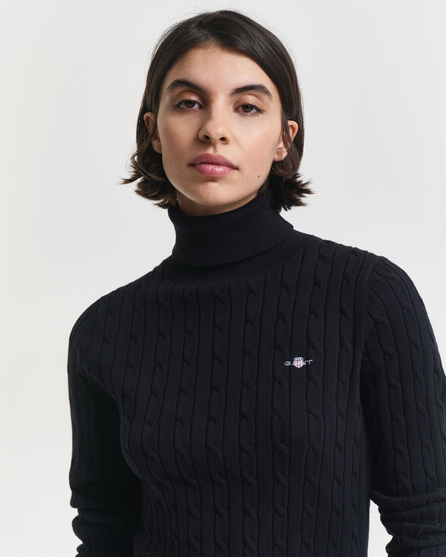 suéter de cuello alto de punto trenzado de algodón elástico - negro