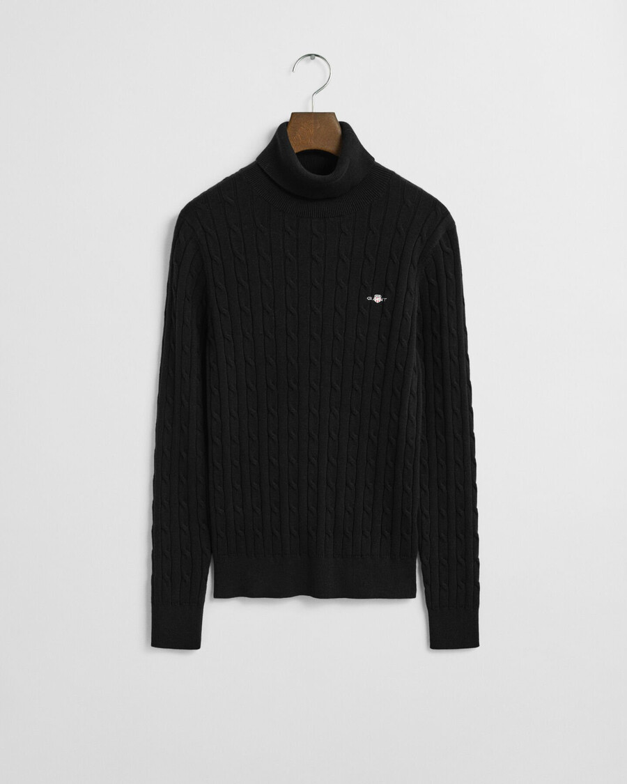 suéter de cuello alto de punto trenzado de algodón elástico - negro