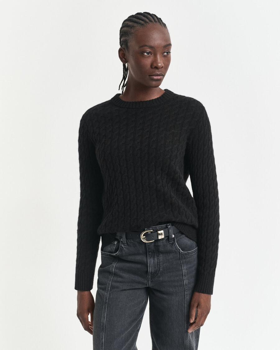 suéter de cachemira con cuello redondo y punto trenzado - negro