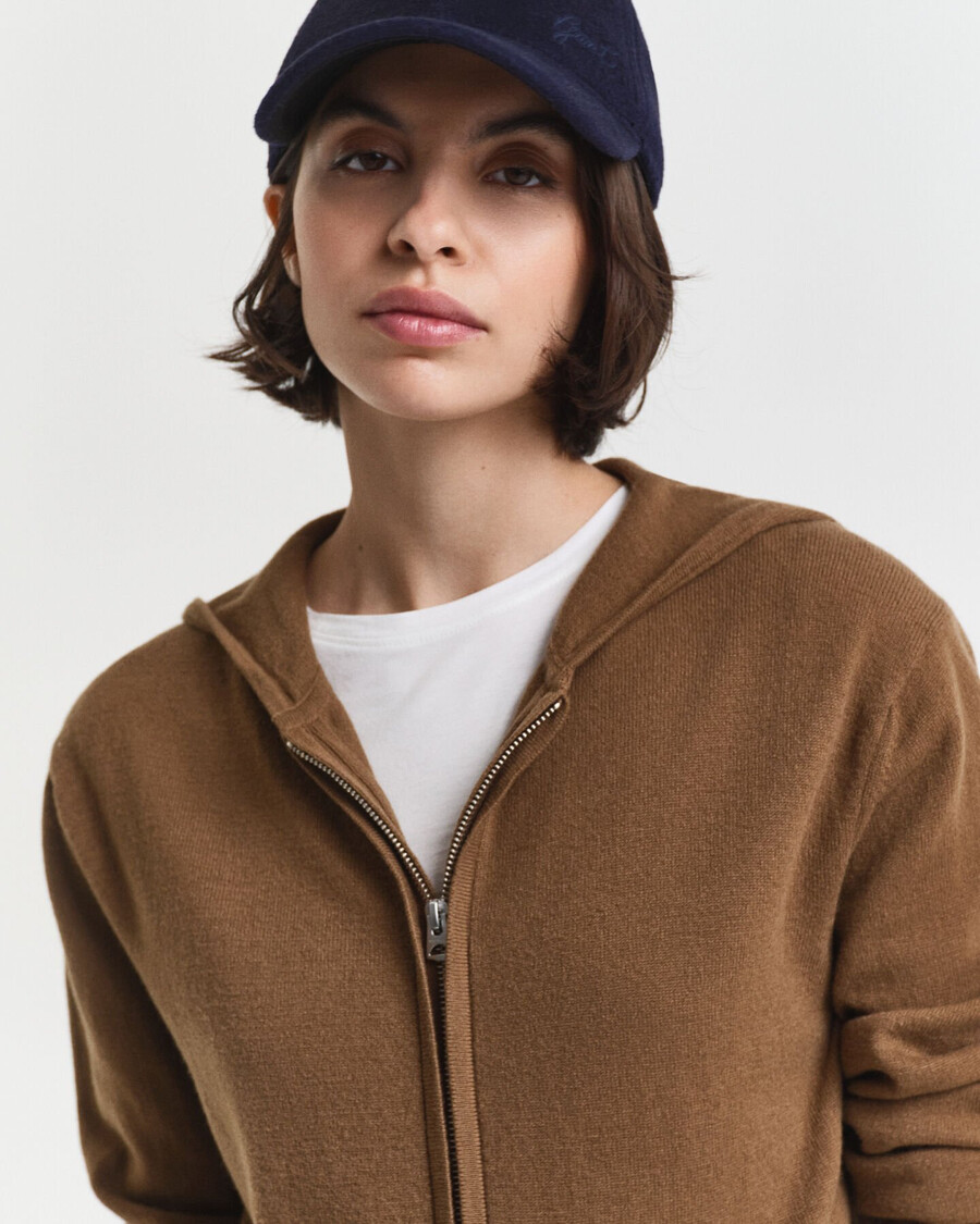 sudadera con capucha y cremallera de lana de cordero superfina - caqui cálido