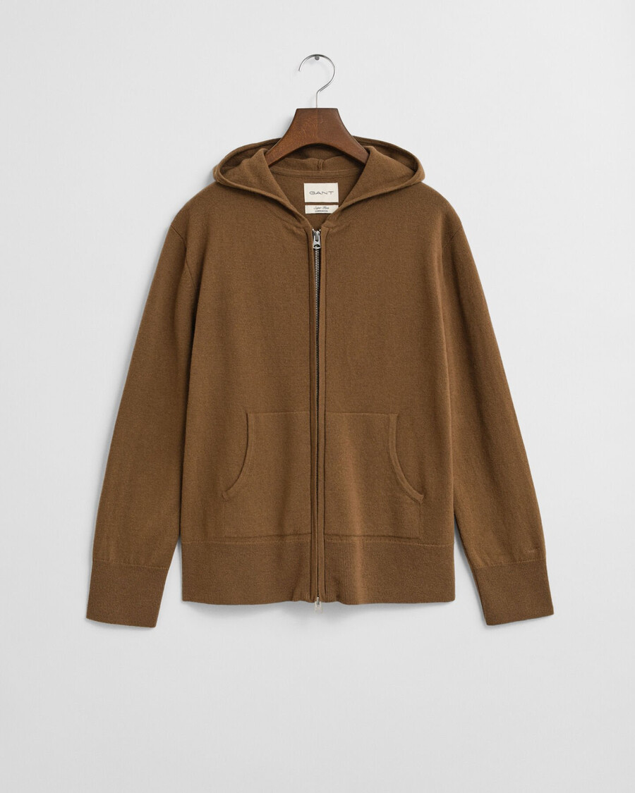 sudadera con capucha y cremallera de lana de cordero superfina - caqui cálido