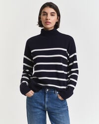 suéter de cuello alto de lana de cordero superfina a rayas - azul noche