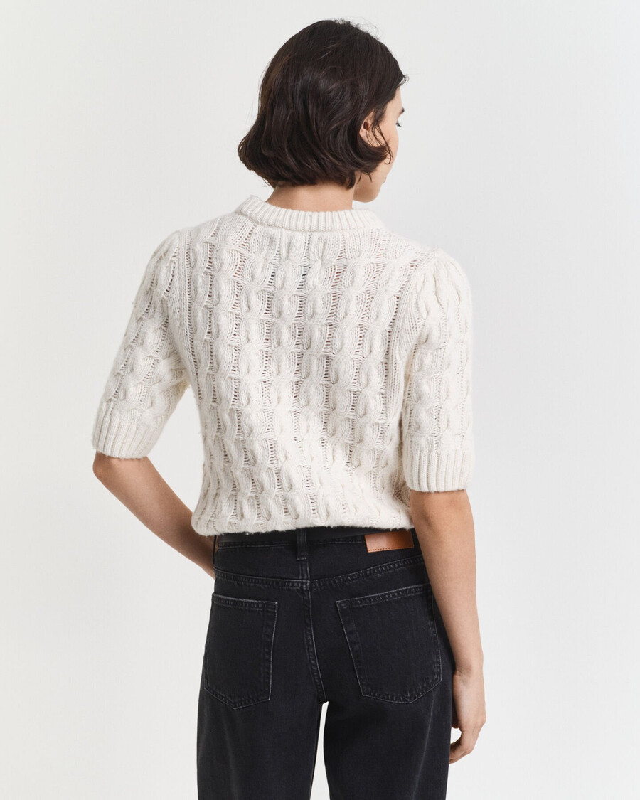 top de manga corta de punto trenzado con mangas abullonadas - crema