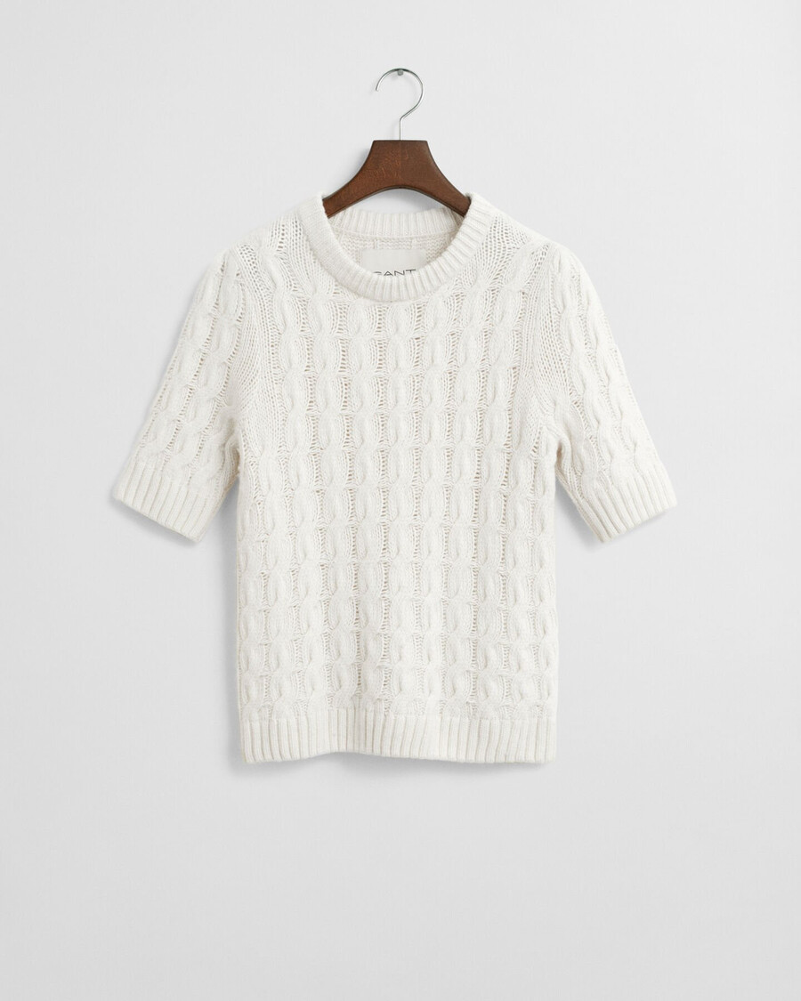 top de manga corta de punto trenzado con mangas abullonadas - crema