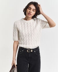 top de manga corta de punto trenzado con mangas abullonadas - crema