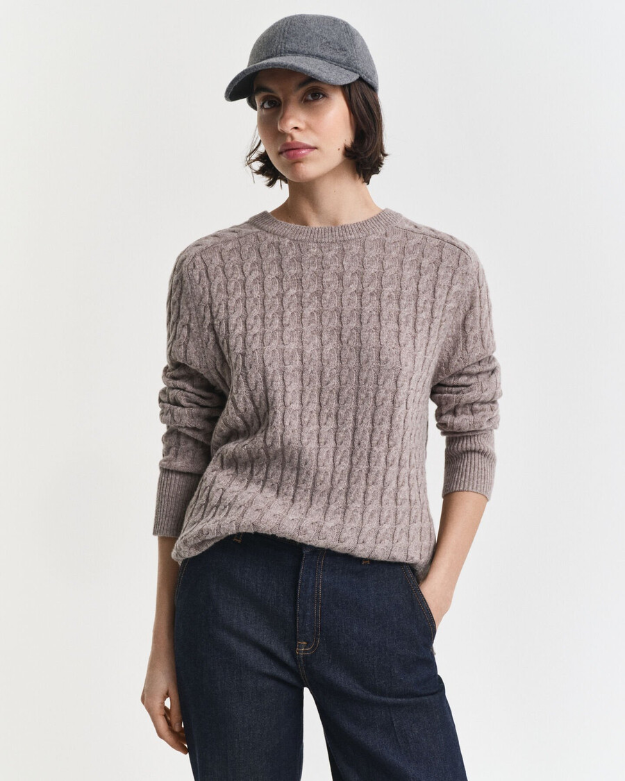 suéter de cuello redondo de punto trenzado de lana - beige topo