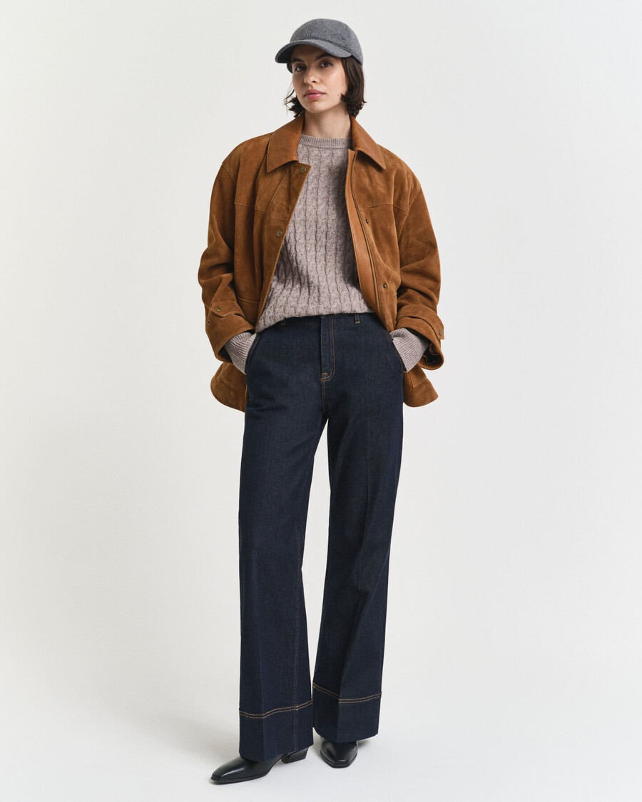 suéter de cuello redondo de punto trenzado de lana - beige topo