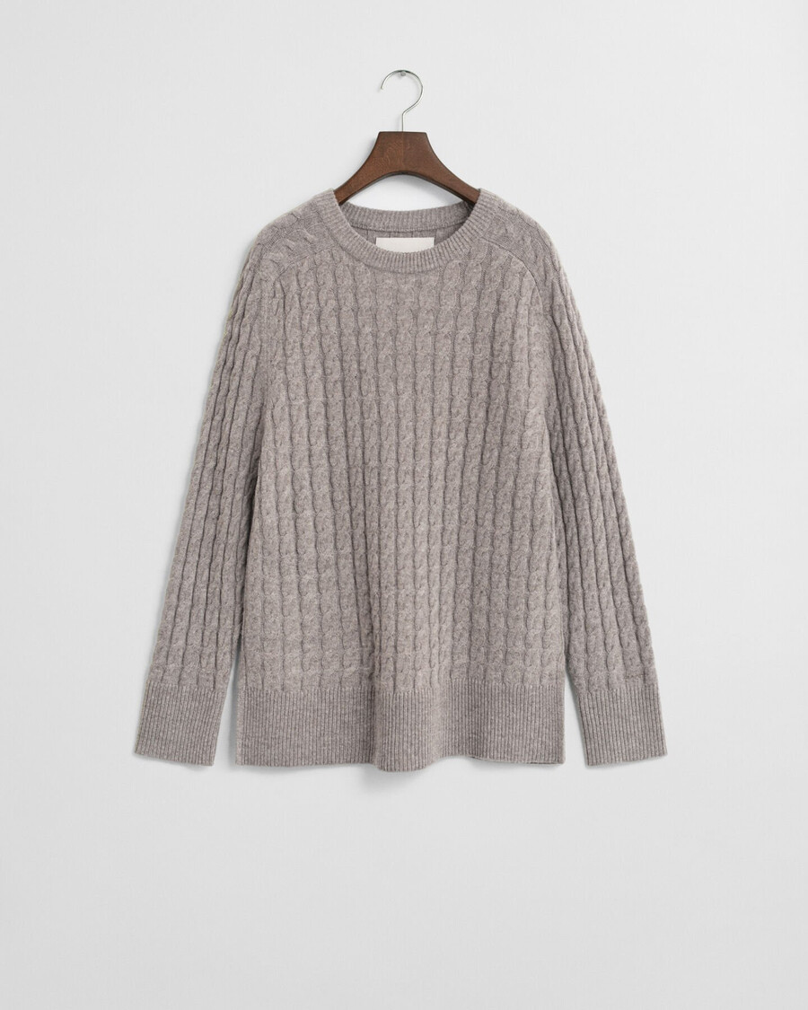 suéter de cuello redondo de punto trenzado de lana - beige topo