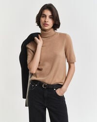 suéter de cachemira de cuello alto y manga corta - caqui cálido
